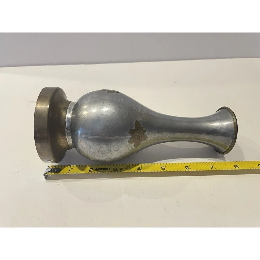 Vintage Mid-century Solid Pewter Vase with Brass Overlay Made In Hong Kong
